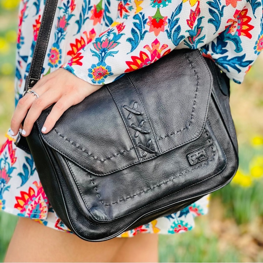 Bed Stu Black Leather Whipstitch Crossbody Bag